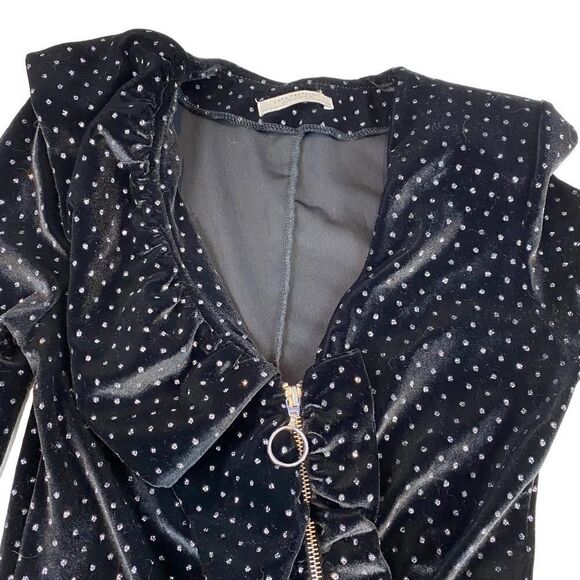 Zara Trafaluc Velvet Ruffle Zip Black Glitter Dot Bloggers Favorite Dress Small - Picture 6 of 7